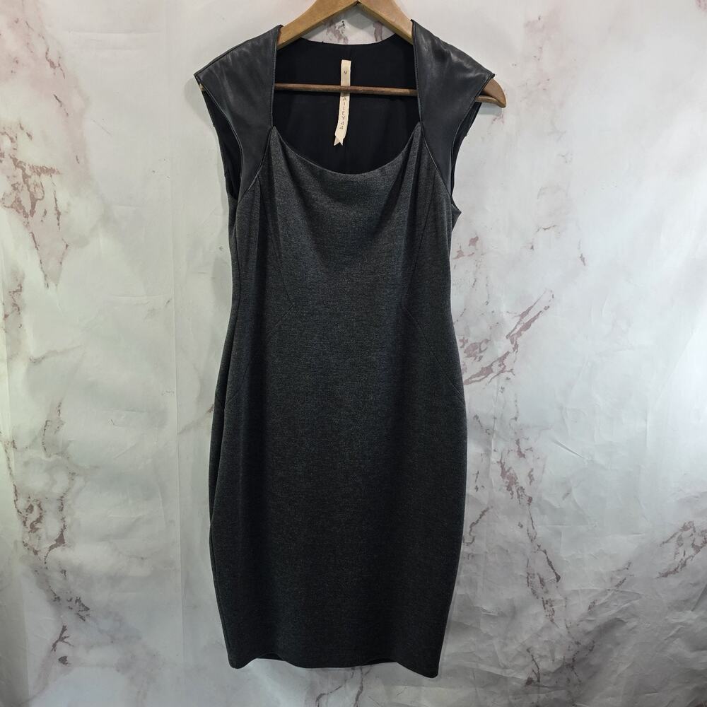Bailey 44 Dress Womens Medium Black Gray Faux Vegan Leather Stretch Ponte Knee